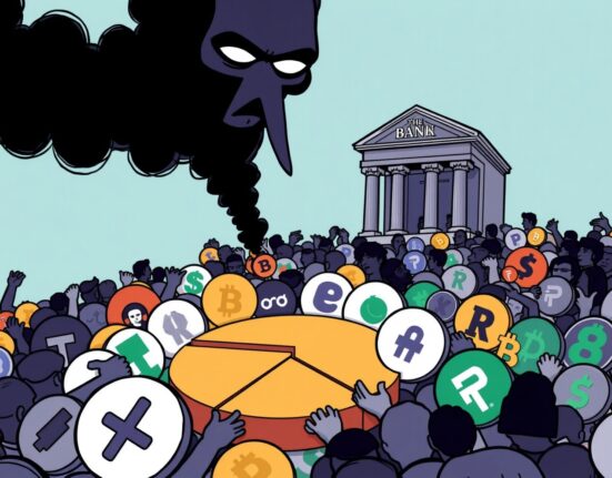A vibrant cartoon showing stablecoin issuers fiercely competing for market share, illustrating the urgent stablecoin market zero-sum warning.