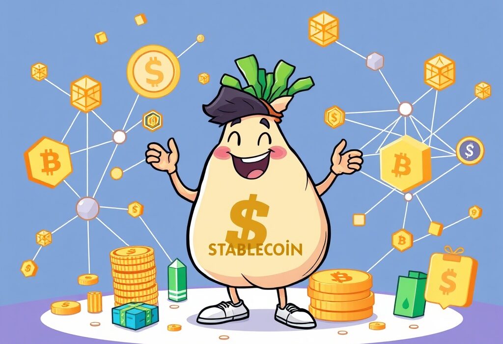 A cartoon illustration showing a stablecoin startup receiving significant investment, symbolizing the growth and future impact of Stablecoin Startup Mo Funding in the crypto space.