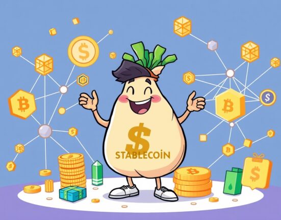 A cartoon illustration showing a stablecoin startup receiving significant investment, symbolizing the growth and future impact of Stablecoin Startup Mo Funding in the crypto space.