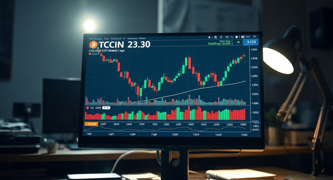 Cryptocurrency trading chart on a monitor in a professional trading room, illustrating market analysis.