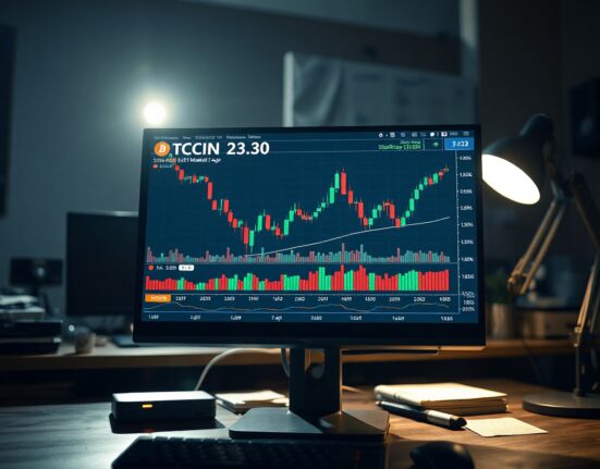 Cryptocurrency trading chart on a monitor in a professional trading room, illustrating market analysis.