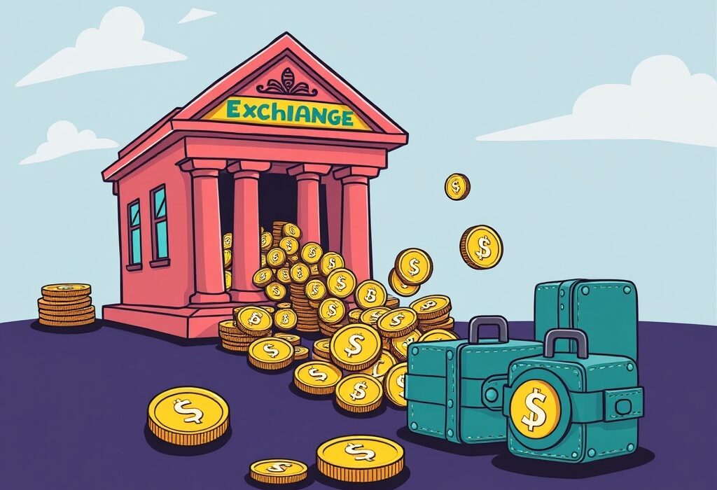 A cartoon illustration showing a large volume of stablecoin outflows from a crypto exchange, symbolizing a shift towards self-custody.