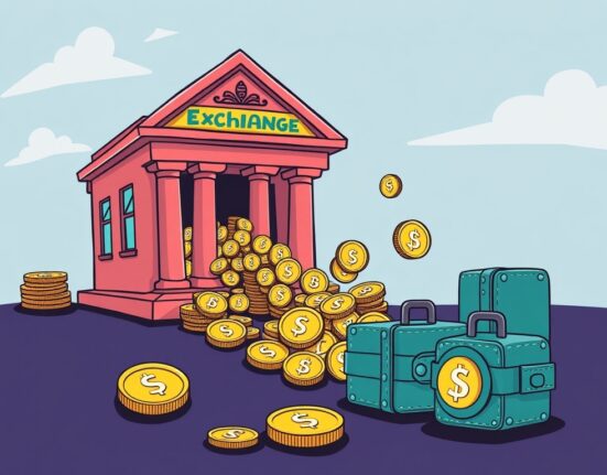 A cartoon illustration showing a large volume of stablecoin outflows from a crypto exchange, symbolizing a shift towards self-custody.