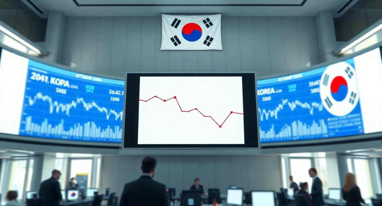Financial trading floor in Seoul with screens showing crypto charts and a downward arrow symbolizing stablecoin outflows.