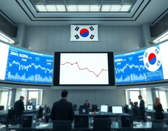Financial trading floor in Seoul with screens showing crypto charts and a downward arrow symbolizing stablecoin outflows.