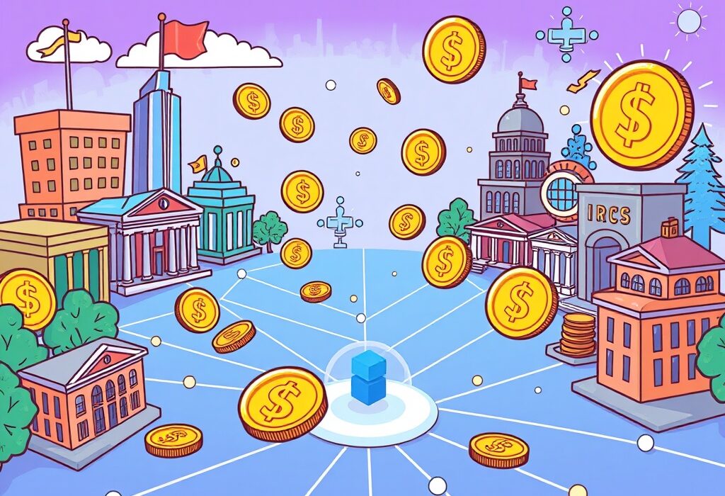 A cartoon illustration of a stablecoin payment network efficiently connecting financial institutions for rapid digital asset transfers.