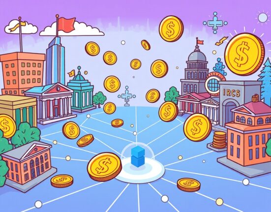 A cartoon illustration of a stablecoin payment network efficiently connecting financial institutions for rapid digital asset transfers.
