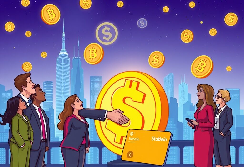 A cartoon illustration showing a successful funding round for a Stablecoin Payment Platform, highlighting growth in crypto payments.