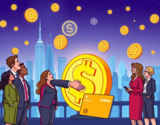 A cartoon illustration showing a successful funding round for a Stablecoin Payment Platform, highlighting growth in crypto payments.