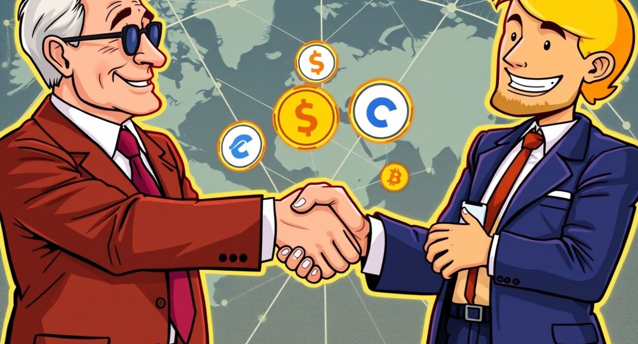 Cartoon showing Citigroup and Coinbase executives shaking hands, symbolizing their collaboration on a new stablecoin payment service.