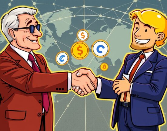 Cartoon showing Citigroup and Coinbase executives shaking hands, symbolizing their collaboration on a new stablecoin payment service.