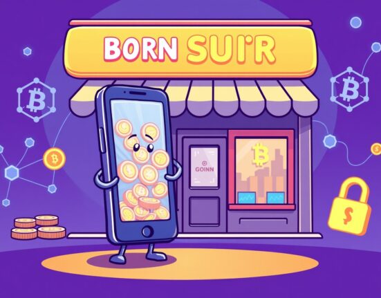 A vibrant illustration of a stablecoin payments app facilitating secure digital transactions for businesses.
