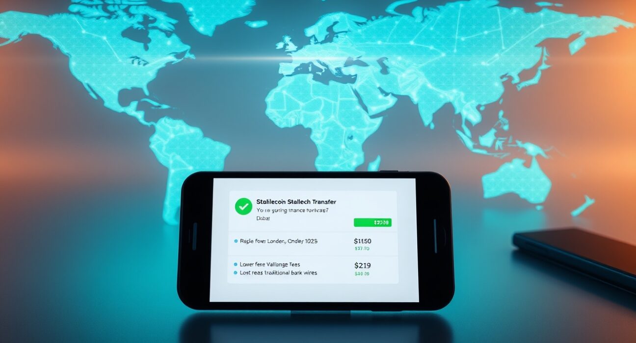 Smartphone showing a stablecoin transfer with a world map in background, representing lower cross-border payment costs.