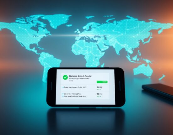 Smartphone showing a stablecoin transfer with a world map in background, representing lower cross-border payment costs.