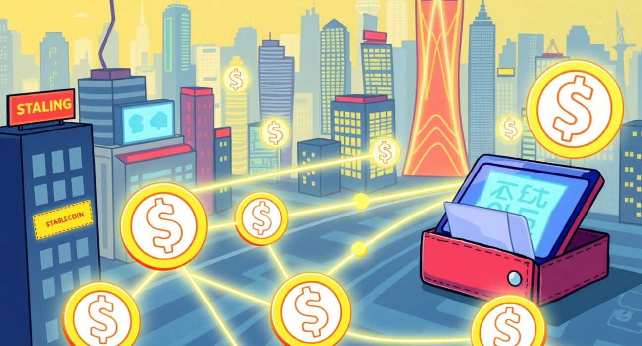 A cartoon illustration depicting the dramatic increase in stablecoin payments for global transactions, showing digital currencies flowing quickly between businesses and individuals.