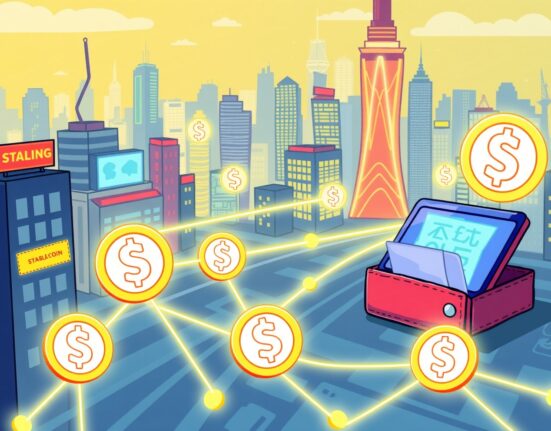 A cartoon illustration depicting the dramatic increase in stablecoin payments for global transactions, showing digital currencies flowing quickly between businesses and individuals.