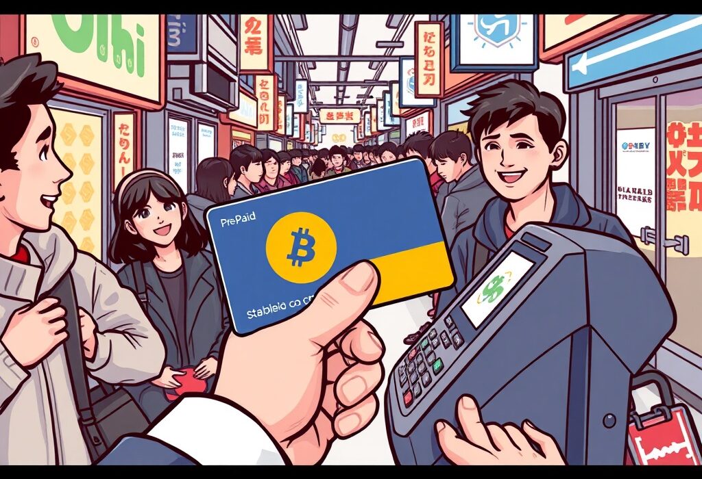 A cartoon image illustrating the convenience of using stablecoin pre-paid cards for payments in South Korea.