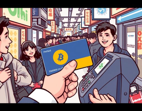 A cartoon image illustrating the convenience of using stablecoin pre-paid cards for payments in South Korea.