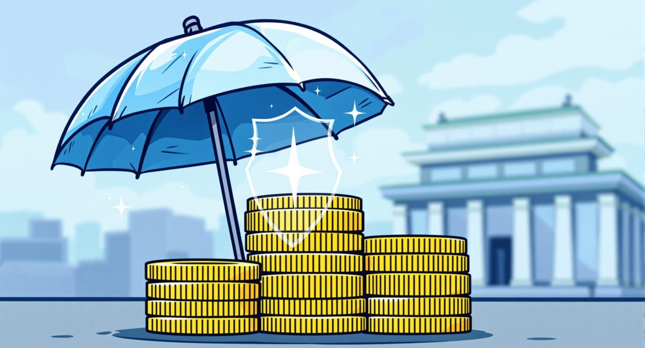 A cartoon illustration showing a shield protecting stablecoins, symbolizing proposed stablecoin protection measures against financial risks.