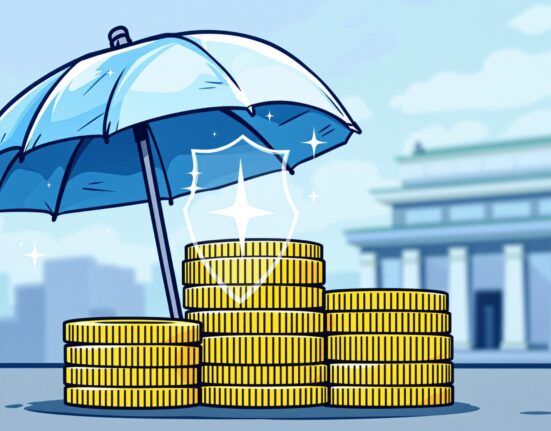 A cartoon illustration showing a shield protecting stablecoins, symbolizing proposed stablecoin protection measures against financial risks.