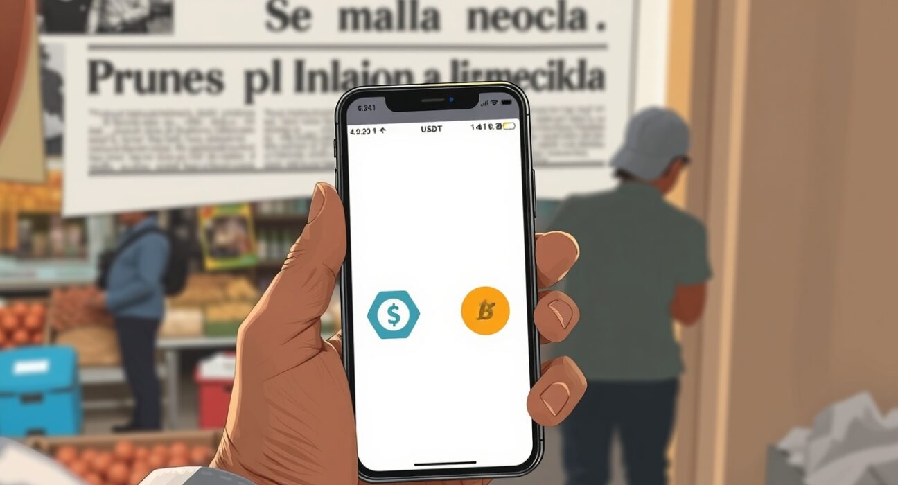 Stablecoin purchases in Latin America surpass Bitcoin for first time, as users in a market view a crypto wallet with USDT and USDC on a smartphone.