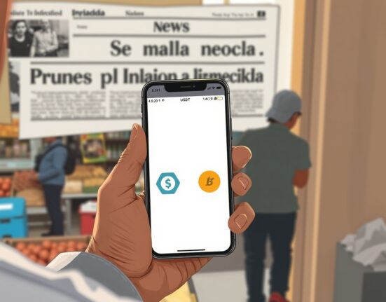 Stablecoin purchases in Latin America surpass Bitcoin for first time, as users in a market view a crypto wallet with USDT and USDC on a smartphone.