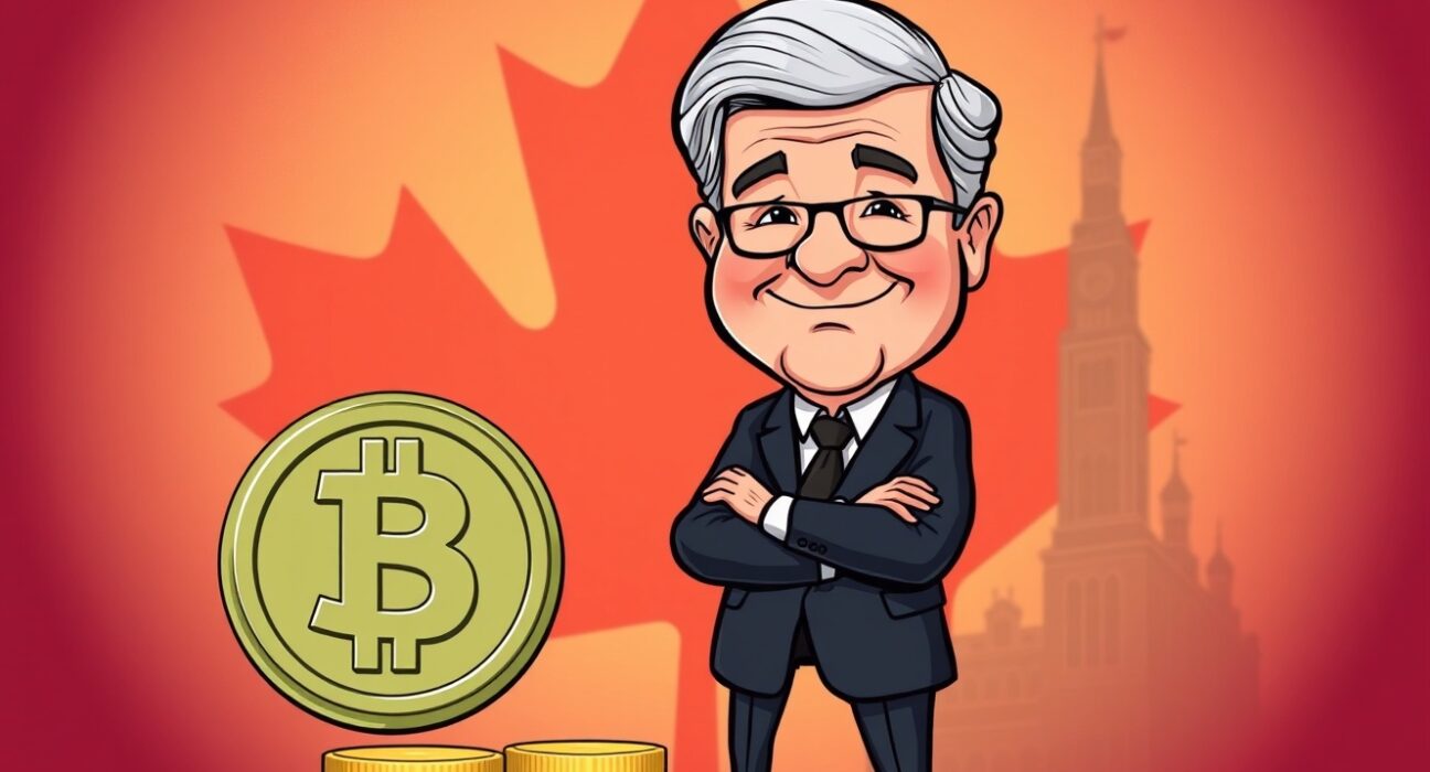 A cartoon illustration of a Canadian official advocating for robust federal stablecoin regulation to ensure financial stability and consumer protection.