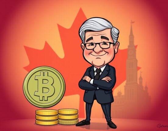 A cartoon illustration of a Canadian official advocating for robust federal stablecoin regulation to ensure financial stability and consumer protection.