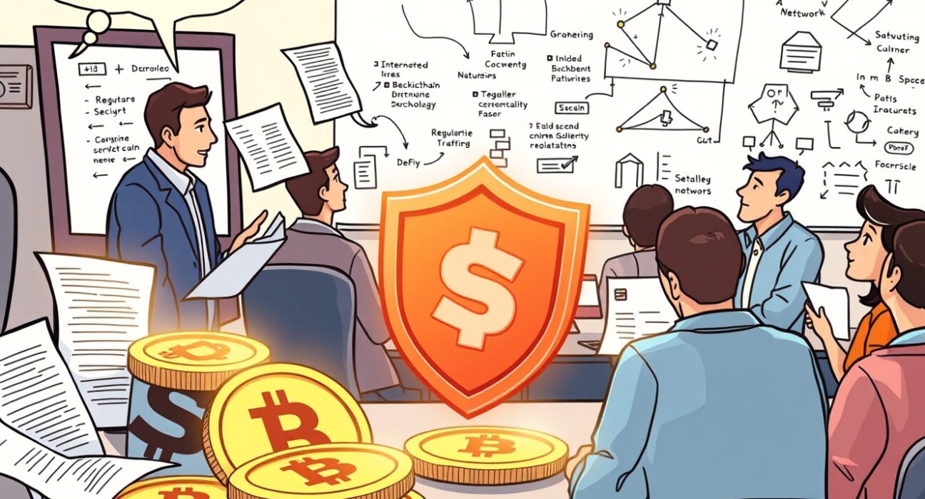 A cartoon workshop discussing the crucial role of stablecoin regulation and security in the evolving Web3 ecosystem.