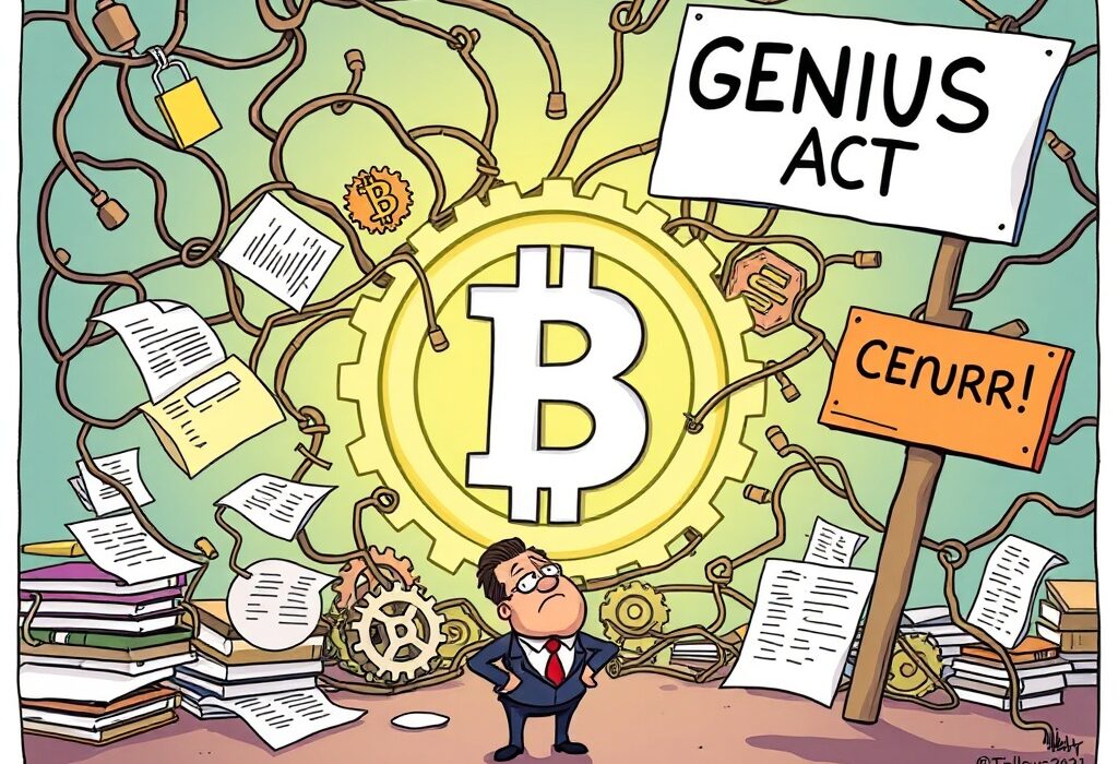 A cartoon illustrating the ongoing challenges of stablecoin regulation, with a CEO navigating complex legal frameworks and the GENIUS Act.
