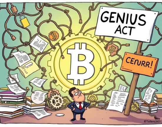 A cartoon illustrating the ongoing challenges of stablecoin regulation, with a CEO navigating complex legal frameworks and the GENIUS Act.