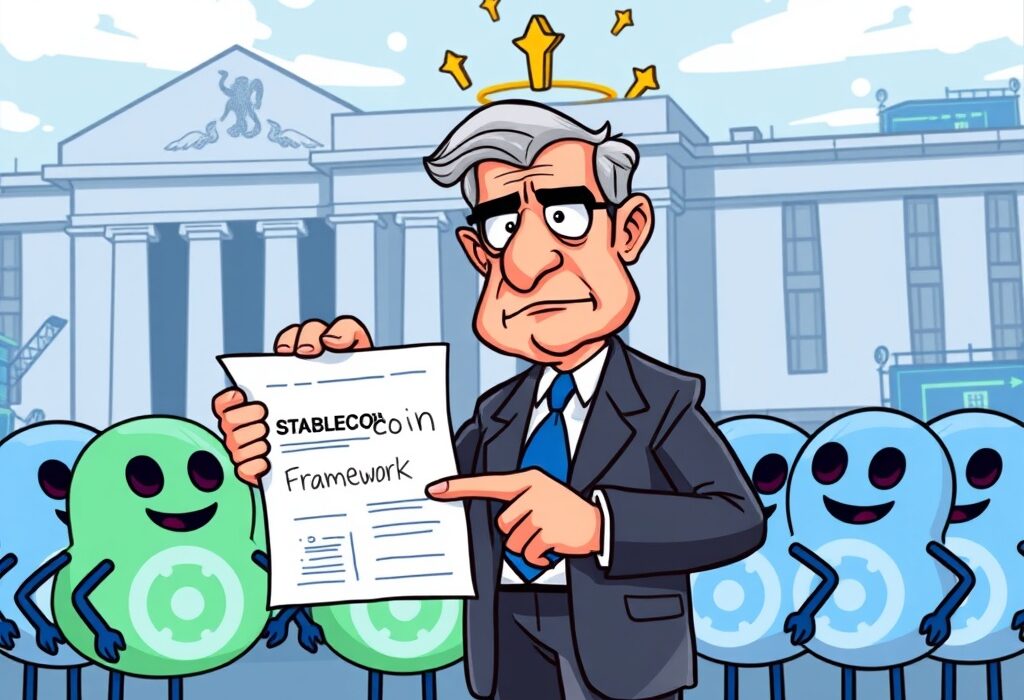A cartoon illustration showing a Fed official discussing crucial stablecoin regulation with digital currency figures.