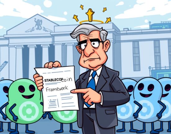 A cartoon illustration showing a Fed official discussing crucial stablecoin regulation with digital currency figures.