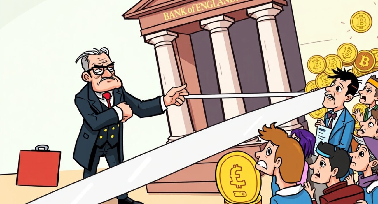 A cartoon depicting the Bank of England imposing strict stablecoin regulations, highlighting the tension with the crypto industry.