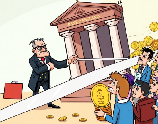 A cartoon depicting the Bank of England imposing strict stablecoin regulations, highlighting the tension with the crypto industry.