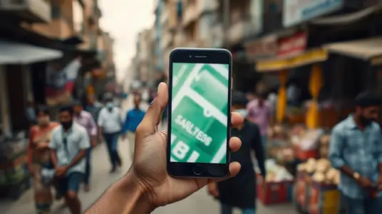 Person holding a phone showing a cross-border money transfer screen on a busy city street
