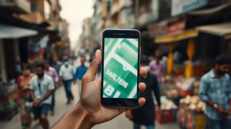 Person holding a phone showing a cross-border money transfer screen on a busy city street