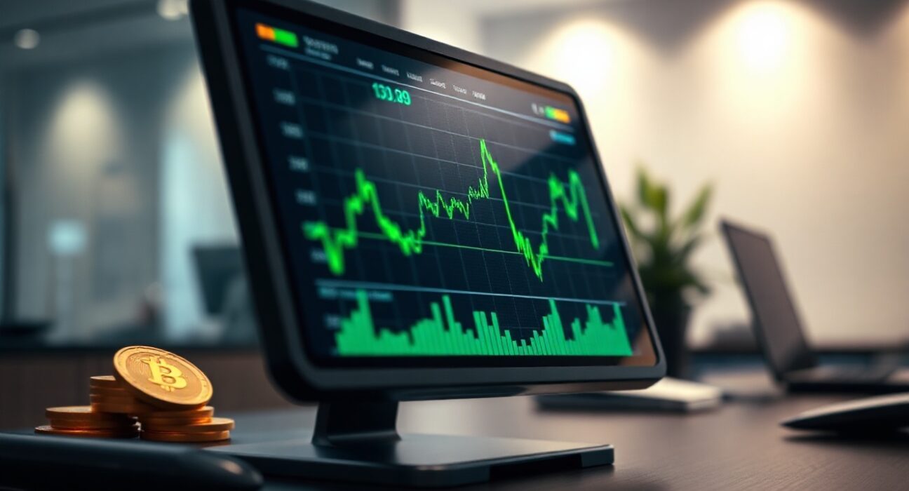 Crypto trading chart with upward trend on a monitor at a trading desk