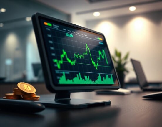 Crypto trading chart with upward trend on a monitor at a trading desk