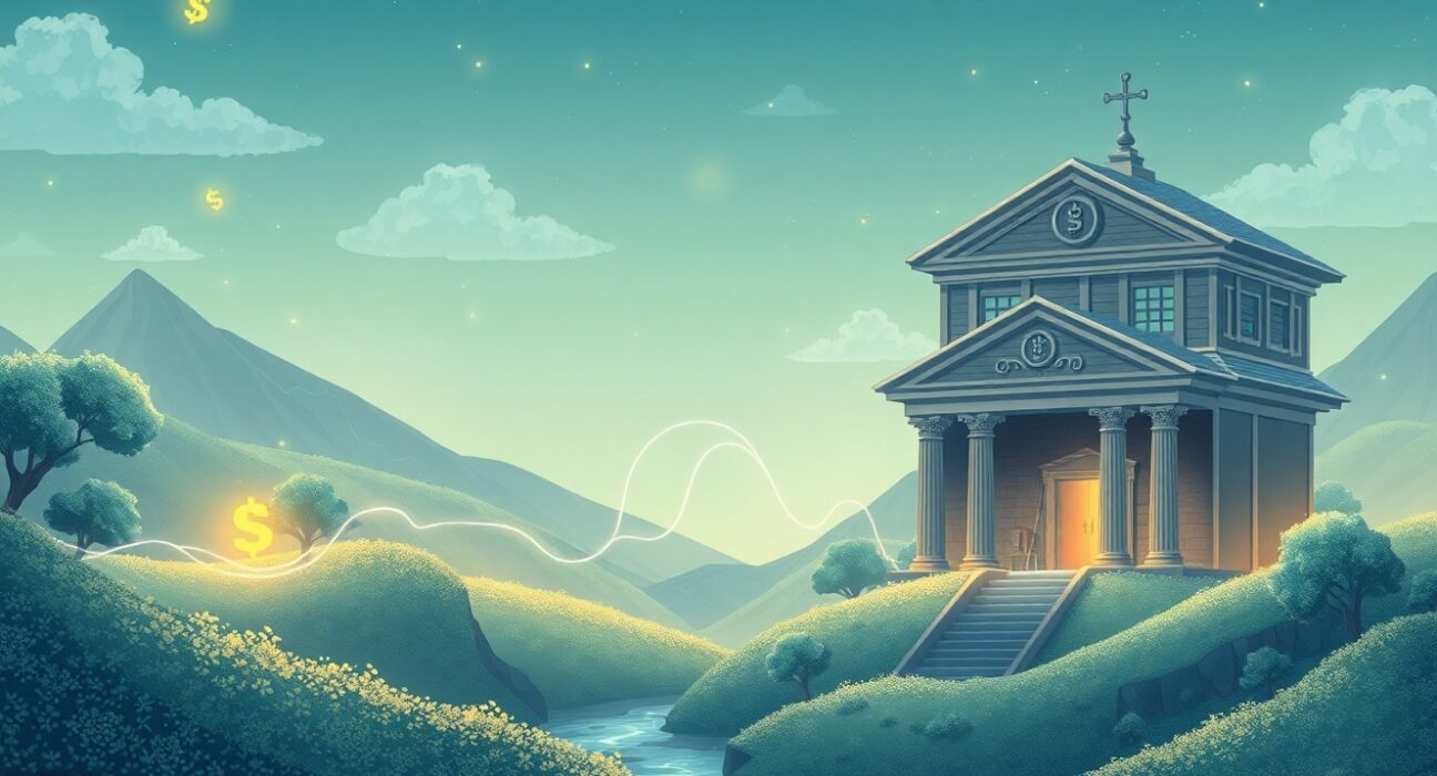 Symbolic representation of the compromise on stablecoin rewards between crypto and traditional banking sectors.