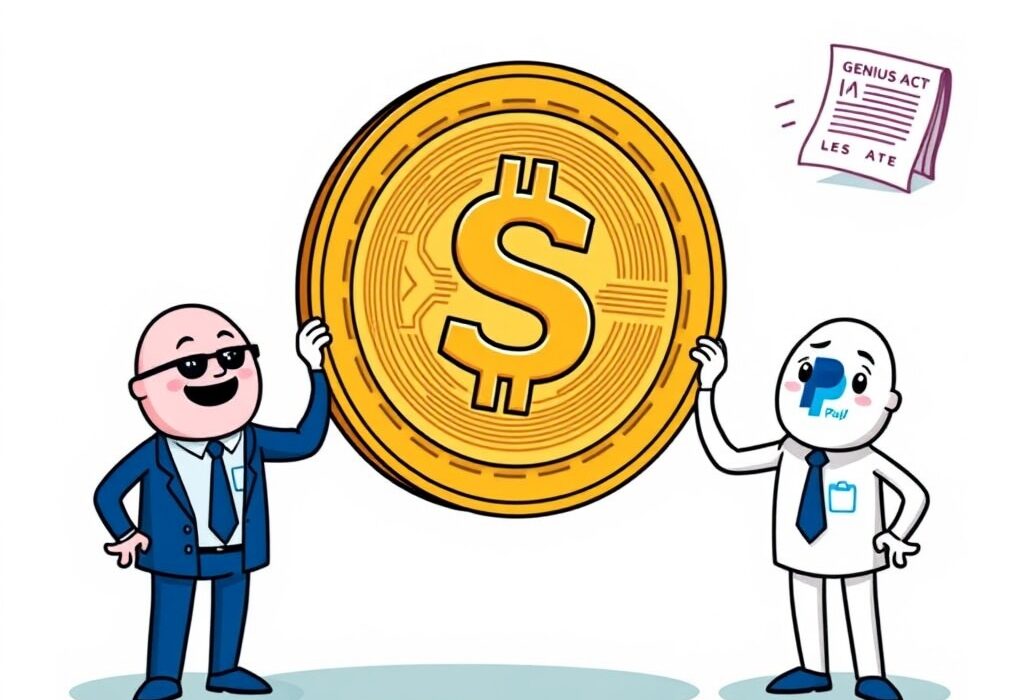 Cartoon illustration showing Coinbase and PayPal offering stablecoin rewards, navigating new regulations confidently.