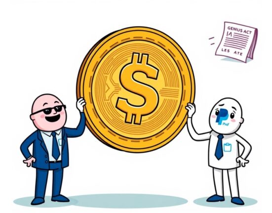 Cartoon illustration showing Coinbase and PayPal offering stablecoin rewards, navigating new regulations confidently.