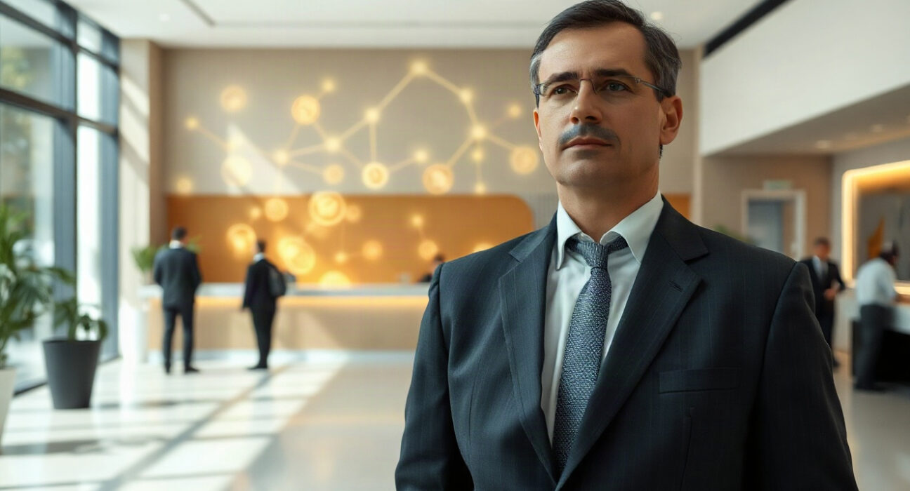 Bank executive in a modern bank lobby with digital network overlay symbolizing stablecoin impact on banking.