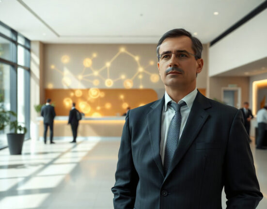 Bank executive in a modern bank lobby with digital network overlay symbolizing stablecoin impact on banking.