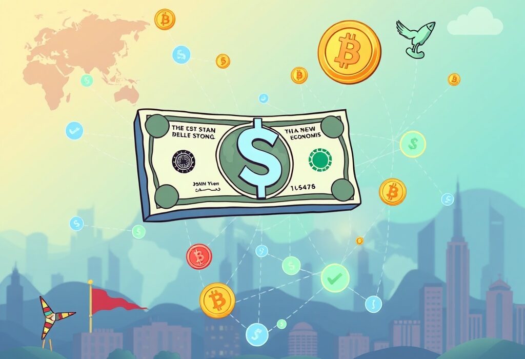 Cartoon illustrating how robust stablecoin rules can empower the US dollar, fostering global financial stability and digital payment adoption.