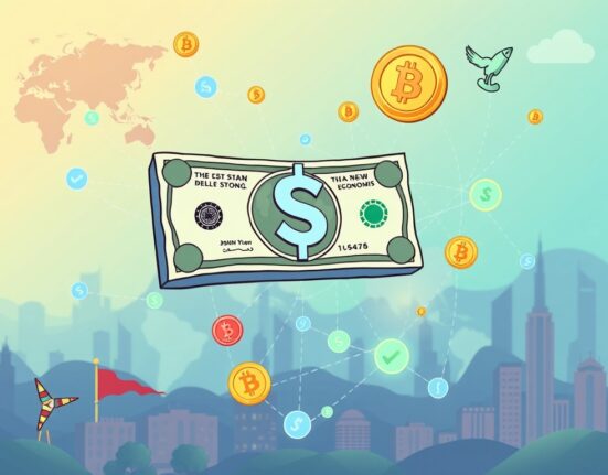 Cartoon illustrating how robust stablecoin rules can empower the US dollar, fostering global financial stability and digital payment adoption.