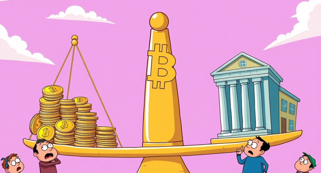 Bank of England official warning about stablecoin rules threatening financial stability with unstable scale illustration