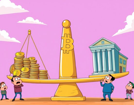 Bank of England official warning about stablecoin rules threatening financial stability with unstable scale illustration