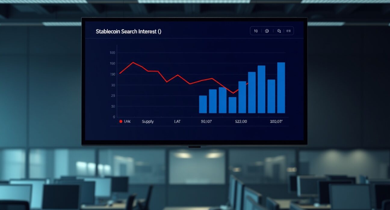 Data dashboard showing declining stablecoin search interest and supply growth charts in a newsroom setting.