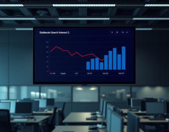 Data dashboard showing declining stablecoin search interest and supply growth charts in a newsroom setting.